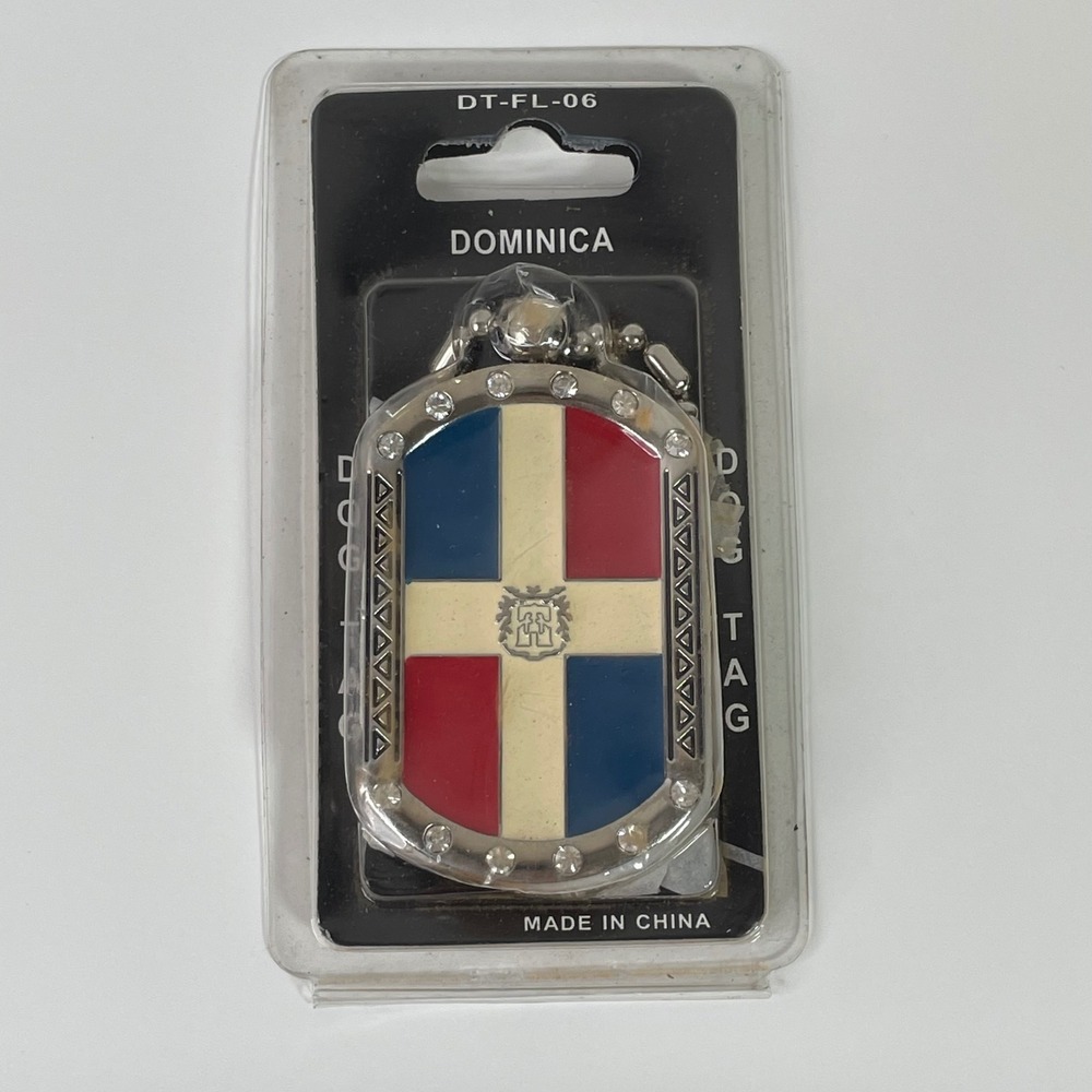 Dominica Dominican Republic Flag Dog Tag Necklace Rhinestone Enamel NEW